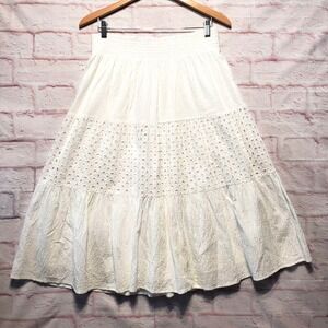 Nine West White Eyelet Lace Prairie Midi Crinkle Skirt Boho Cottagecore Womens M